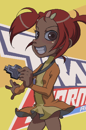 hoshi kubi, sari sumdac, transformers, transformers animated, lowres, dark-skinned female, dark skin, key, no panties, oekaki, solo, twintails