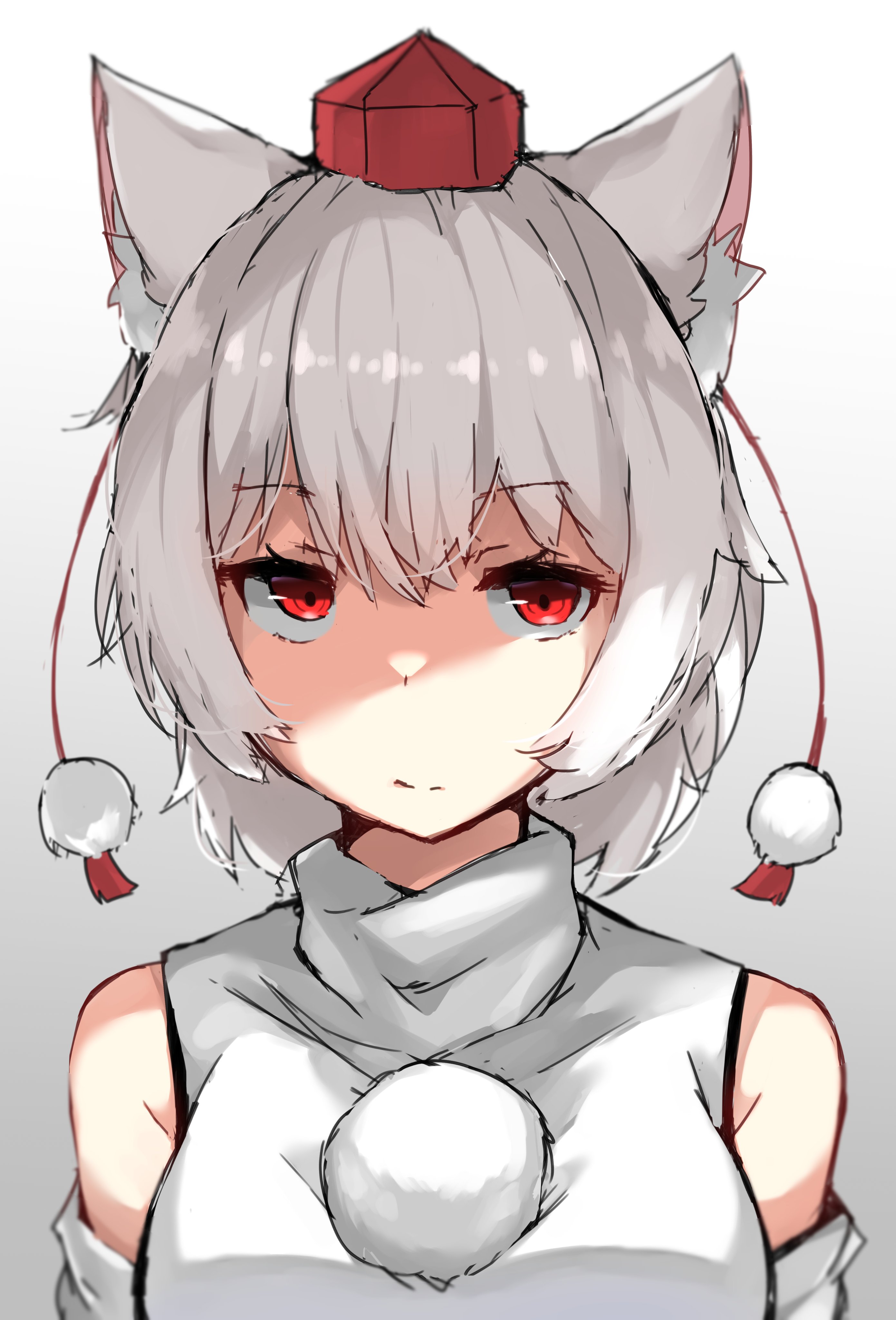 neko pachi, inubashiri momiji, touhou, absurdres, commentary request, highres, 1girl, animal ear fluff, animal ears, breasts, detached sleeves, hair between eyes, hat, large breasts, parted lips, partially shaded face, pom pom (clothes), red eyes, red hat, shirt, short hair, simple background, solo, split mouth, tokin hat, upper body, white background, white hair, white shirt, wolf ears, wolf girl