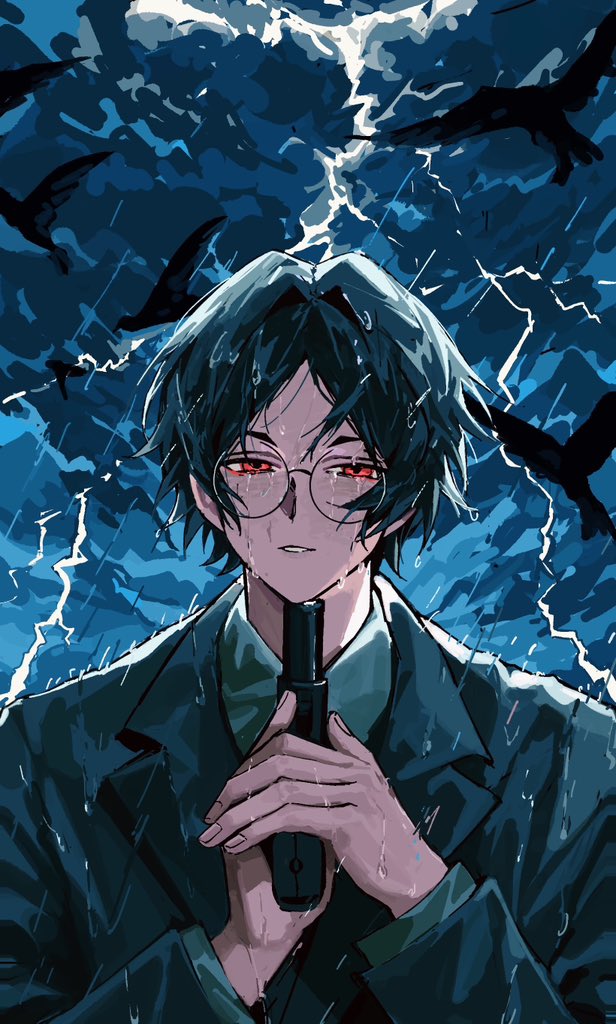 nallya, ooe (game), 1boy, aomi (ooe), bird, black hair, black jacket, coat, collared shirt, glasses, gun, handgun, holding, holding gun, holding weapon, jacket, lightning, long sleeves, looking at viewer, male focus, parted lips, rain, red eyes, round eyewear, shirt, short hair, solo, storm, upper body, water, waves, weapon, wet, wet clothes, wet hair, white shirt