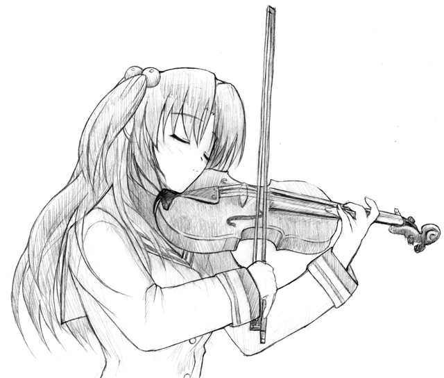 ichinose kotomi, clannad, 00s, closed eyes, greyscale, instrument, monochrome, school uniform, serafuku, sketch, solo, violin