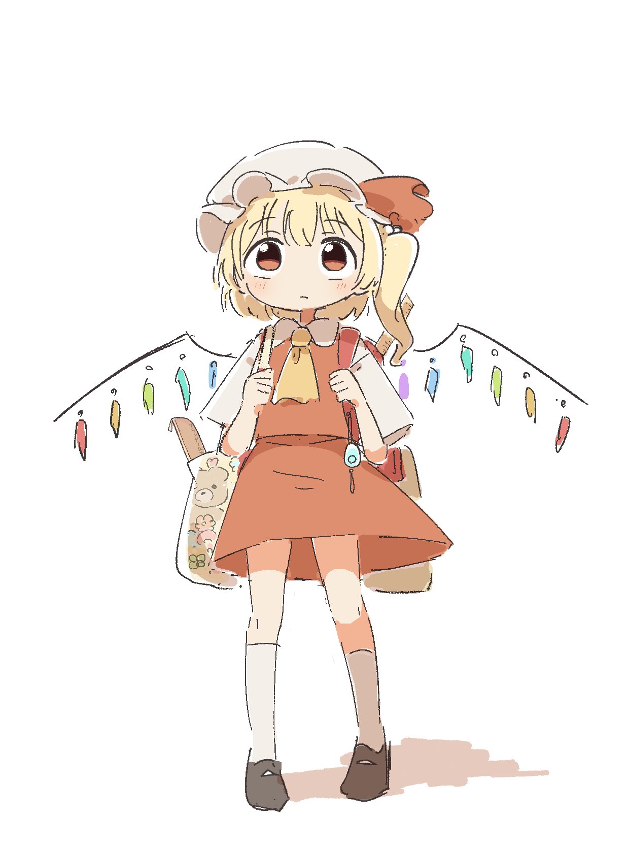 kyuukei usagi, flandre scarlet, touhou, highres, backpack, bag, black shoes, blonde hair, crime prevention buzzer, crystal wings, flower, hat, mob cap, red eyes, red skirt, shoes, simple background, skirt, socks, white background, white socks, wings
