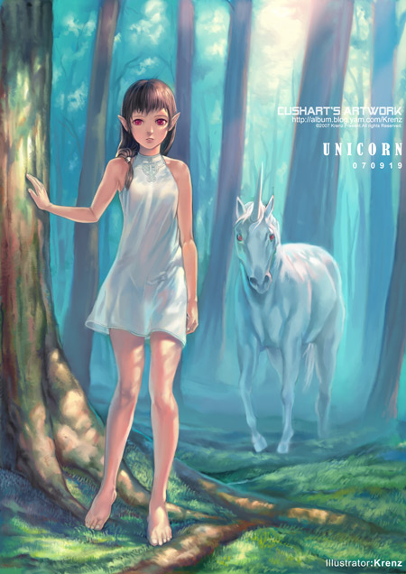krenz, original, 1girl, bare shoulders, barefoot, brown hair, dress, female focus, legs, long hair, pointy ears, red eyes, see-through clothes, solo, unicorn, you gonna get raped