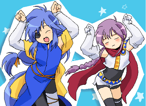 yagisaka seto, angelous lazward, follower (yagisaka seto), sovereign (yagisaka seto), original, lowres, md5 mismatch, 2boys, blue hair, caramelldansen, eyepatch, fang, male focus, multiple boys, oekaki, purple hair, scarf, thighhighs, trap