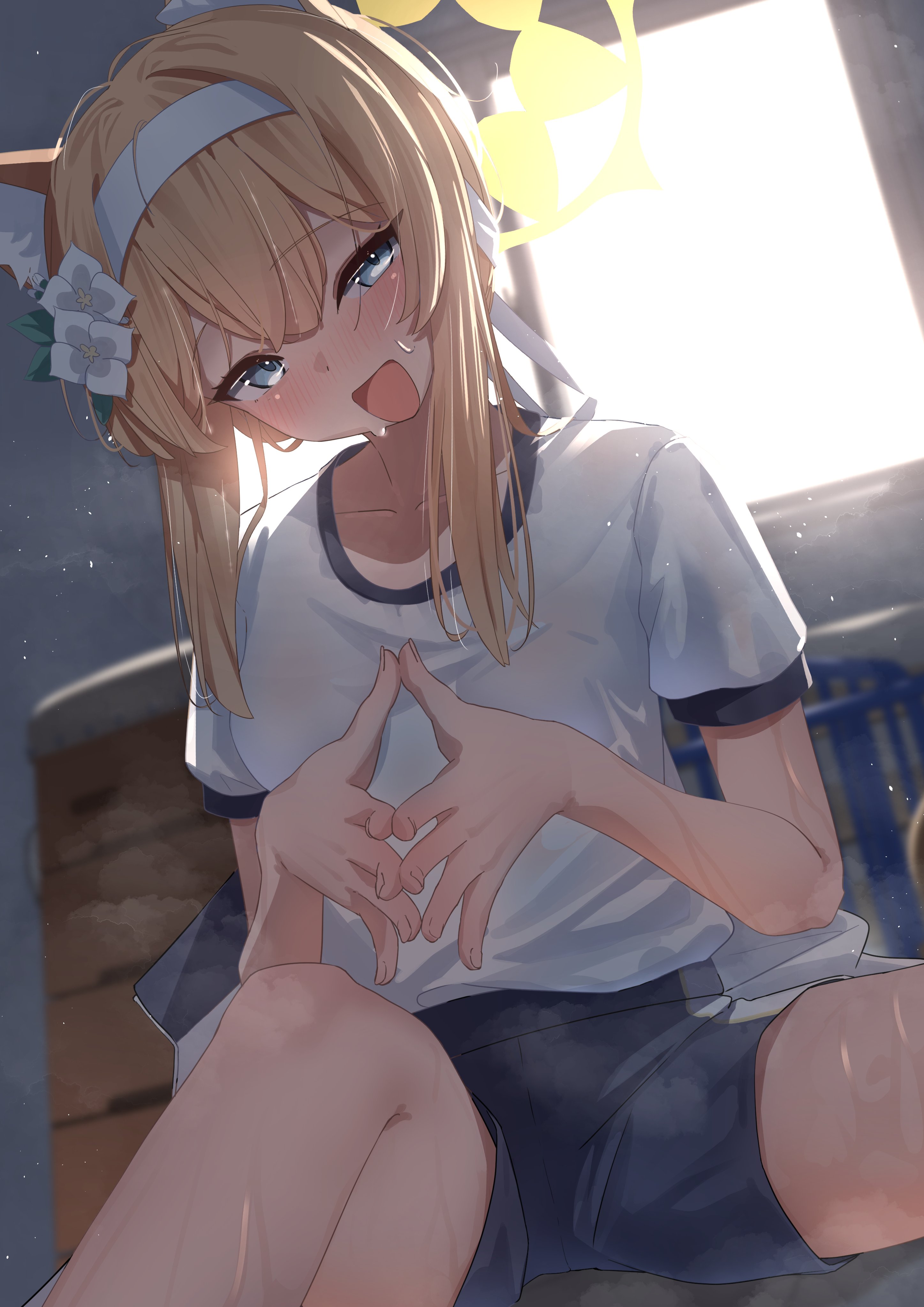 kazu (kauk3753), mari (blue archive), mari (track) (blue archive), blue archive, absurdres, highres, 1girl, animal ear fluff, animal ears, blue eyes, blue shorts, blush, breasts, cat ears, collarbone, feet out of frame, flower, gym uniform, hair flower, hair ornament, hairband, halo, indoors, jacket, long hair, looking at viewer, official alternate costume, open mouth, orange hair, shirt, short sleeves, shorts, sitting, small breasts, solo, spread legs, steaming body, steepled fingers, sweat, sweaty clothes, unworn jacket, white flower, white hairband, white shirt, window, yellow halo
