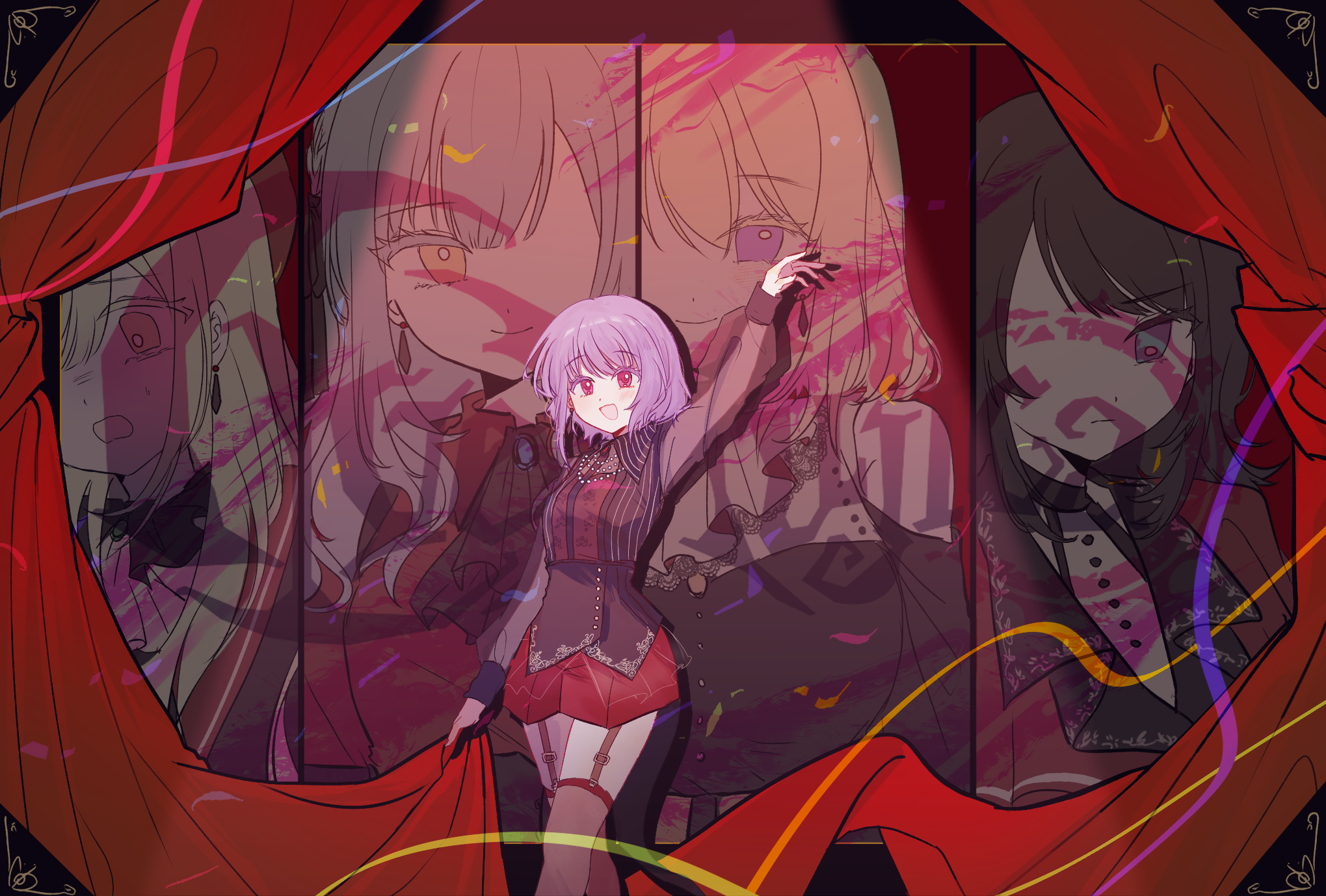 achadtea, amoris (bang dream!), doloris (bang dream!), misumi uika, mortis (bang dream!), mortis (costume) (bang dream!), oblivionis (bang dream!), timoris (bang dream!), togawa sakiko, wakaba mutsumi, yahata umiri, yuutenji nyamu, bang dream!, bang dream! it's mygo!!!!!, chinese commentary, commentary request, highres, 5girls, arm up, ascot, black ascot, black dress, black hair, black shirt, blonde hair, blue eyes, blue hair, capelet, closed mouth, clothing cutout, copyright name, curtains, dress, earrings, garter straps, green hair, hat, jewelry, long hair, medium hair, multiple girls, open mouth, pink eyes, purple eyes, purple hair, red capelet, red hat, red shirt, red shorts, red thighhighs, see-through clothes, see-through sleeves, shirt, short hair, shorts, shoulder cutout, smile, stage curtains, thighhighs, yellow eyes