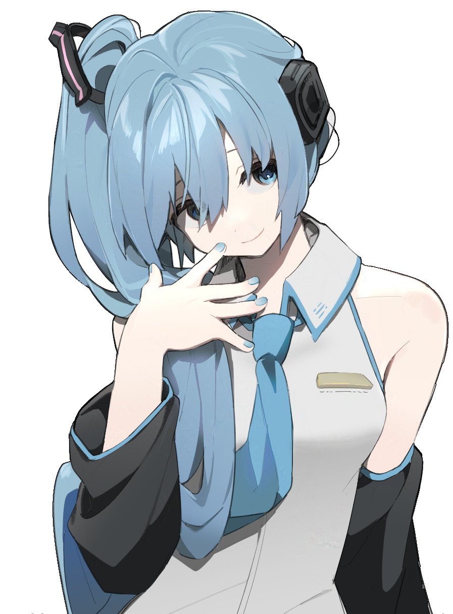 eden (e2kay), hatsune miku, vocaloid, highres, 1girl, bare shoulders, black sleeves, blue eyes, blue hair, blue nails, blue necktie, breasts, closed mouth, collared shirt, detached sleeves, grey shirt, hair between eyes, hair ornament, hair over shoulder, hand up, head tilt, headphones, long hair, looking at viewer, nail polish, necktie, shirt, side ponytail, simple background, sleeveless, sleeveless shirt, smile, solo, upper body, very long hair, white background