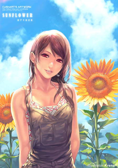 krenz, original, 1girl, brown hair, female focus, flower, red eyes, solo, sunflower