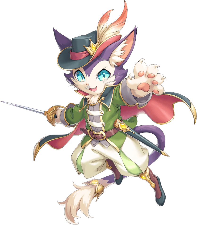 legend clover, artist request, game cg, official art, third-party source, 1boy, animal ears, animal hands, belt, blue eyes, cait sith (legend clover), cape, cat ears, cat tail, fang, full body, hat, hat feather, holding, holding sword, holding weapon, long sleeves, open mouth, sheath, solo, sword, tail, transparent background, weapon, whiskers