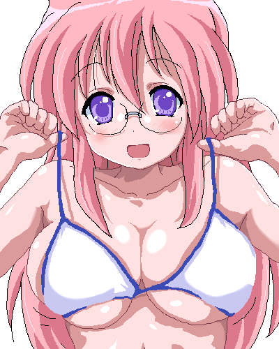 takara miyuki, lucky star, lowres, 00s, bikini, glasses, oekaki, pink hair, solo, swimsuit