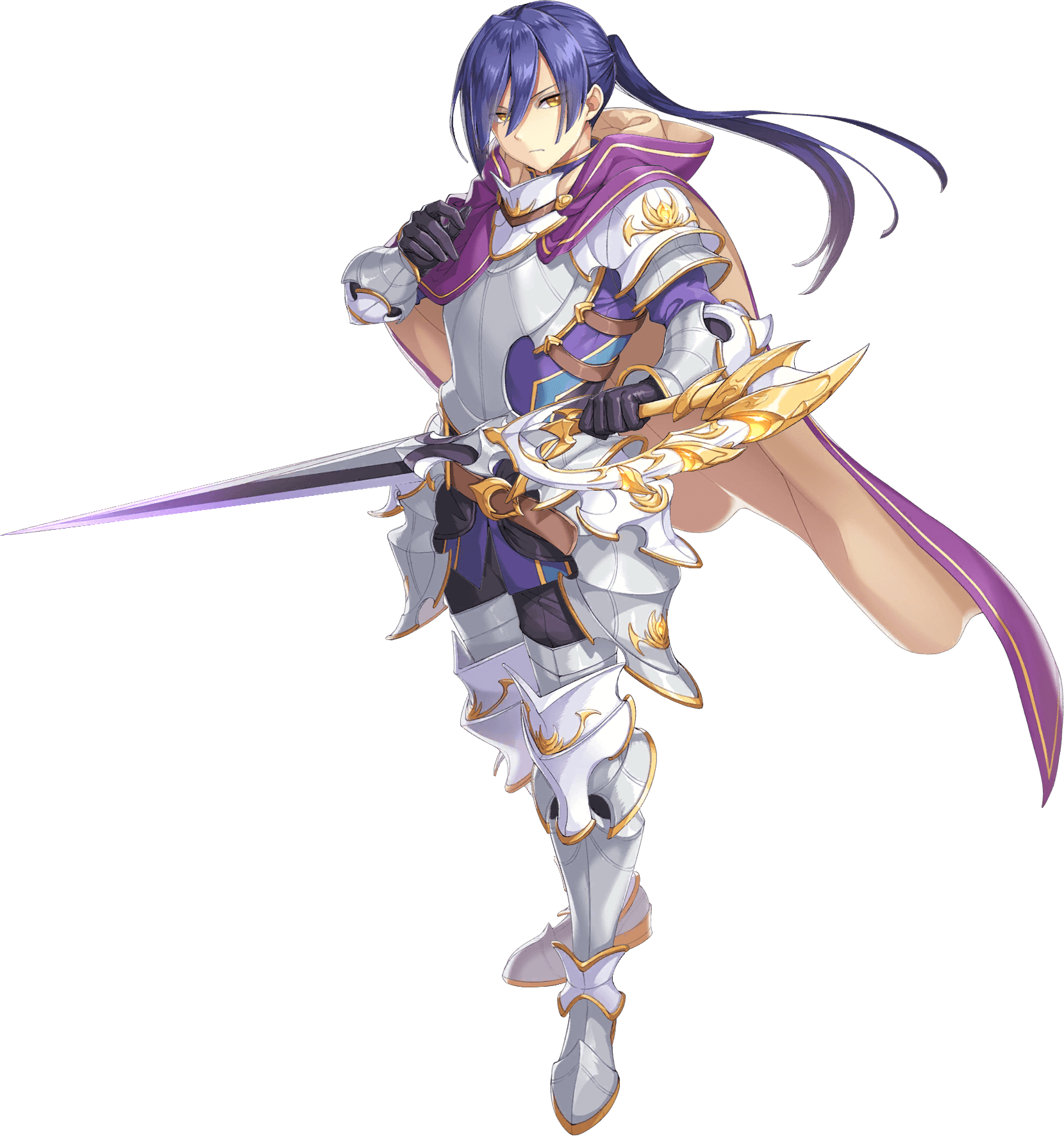 legend clover, artist request, game cg, highres, official art, third-party source, 1boy, armor, belt, blue hair, cape, closed mouth, full body, hair between eyes, holding, holding sword, holding weapon, knight, lancelot (legend clover), long hair, solo, sword, transparent background, weapon, yellow eyes