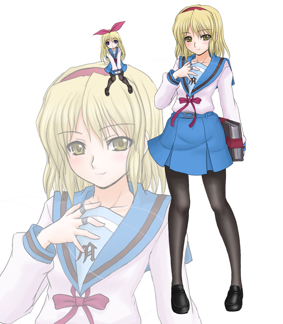kuro suto sukii, alice margatroid, shanghai doll, suzumiya haruhi no yuuutsu, touhou, 1girl, black pantyhose, blonde hair, blue eyes, book, cosplay, doll, doll joints, female focus, hairband, joints, long hair, matching shanghai, pantyhose, school uniform, serafuku, short hair, solo, string, yellow eyes, zoom layer
