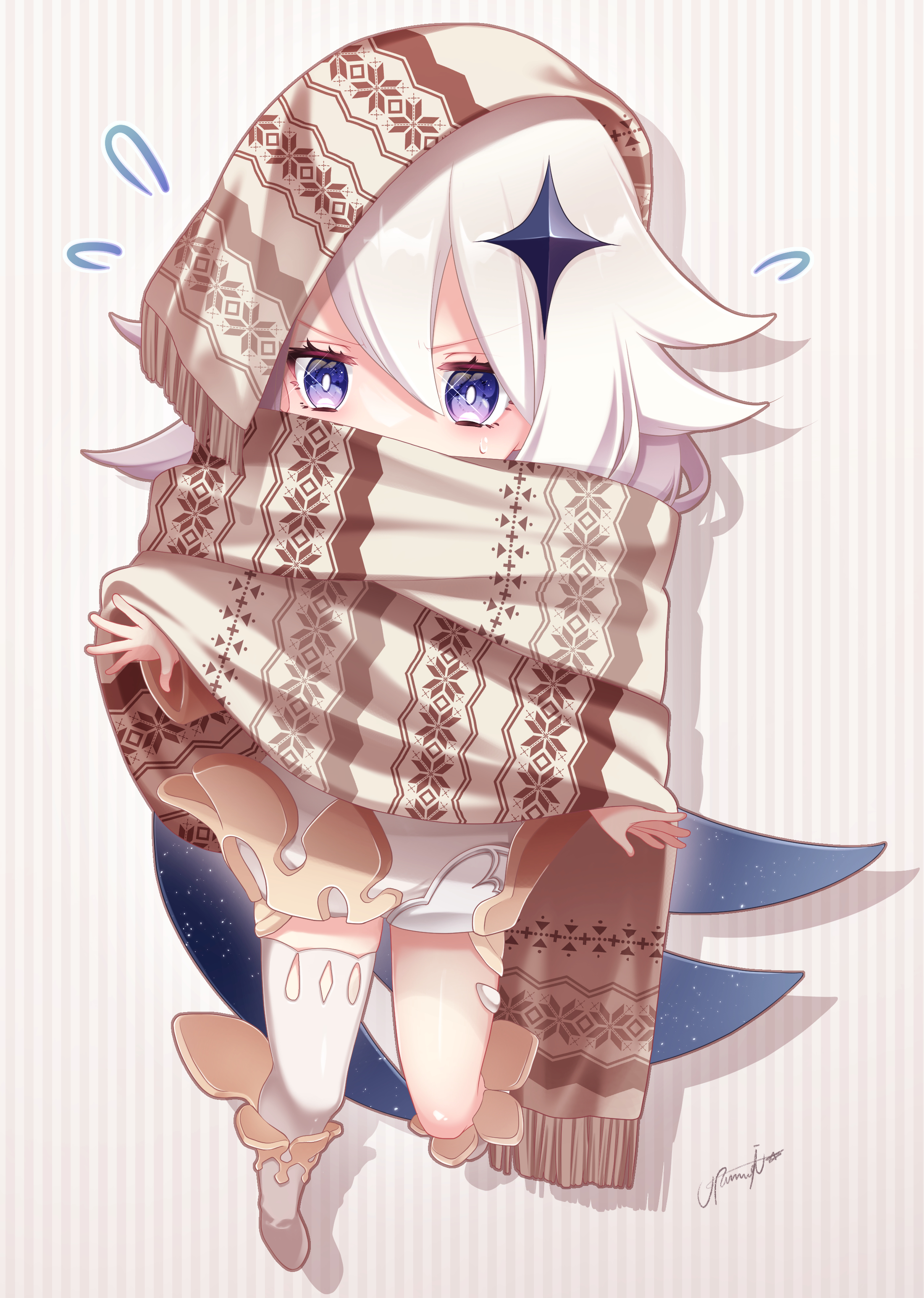 mamdtsubu, paimon (genshin impact), genshin impact, absurdres, commentary request, highres, 1girl, blue eyes, bright pupils, brown scarf, covered mouth, drop shadow, eyelashes, flying sweatdrops, full body, hair between eyes, hair ornament, long hair, oversized clothes, print scarf, scarf, signature, solo, striped background, v-shaped eyebrows, vertical-striped background, white hair, white pupils