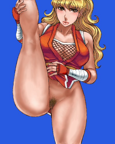 matoyama, genryuusai maki, capcom, final fight, street fighter, lowres, 1girl, ass, blonde hair, blue background, breasts, brown eyes, cleavage, female focus, female pubic hair, fingerless gloves, flexible, gloves, lips, ninja, oekaki, pubic hair, pussy, solo, uncensored
