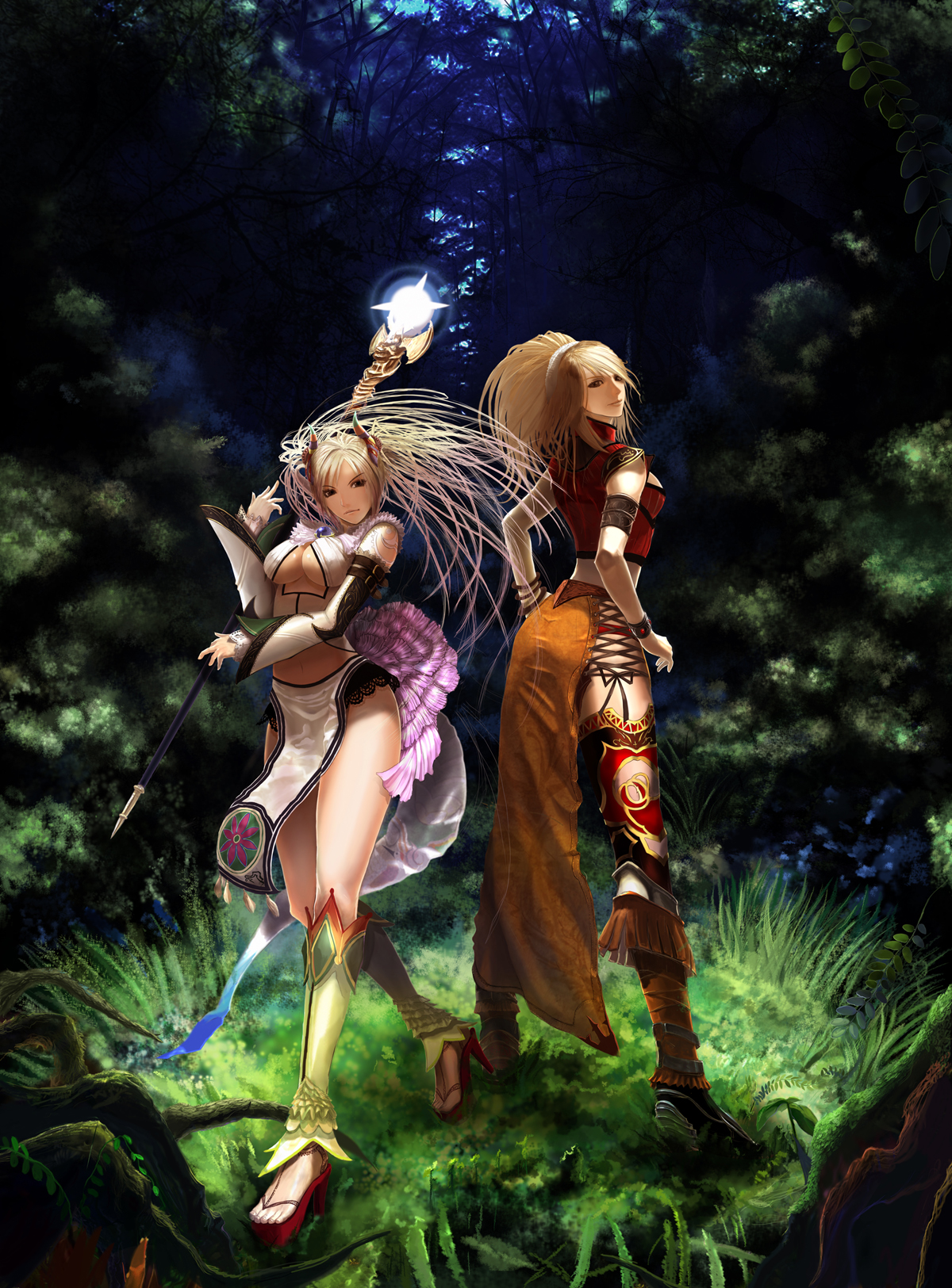 tachikawa mushimaro, original, bad id, bad pixiv id, highres, 2girls, breasts, cleavage, forest, large breasts, multiple girls, nature, underboob, wand