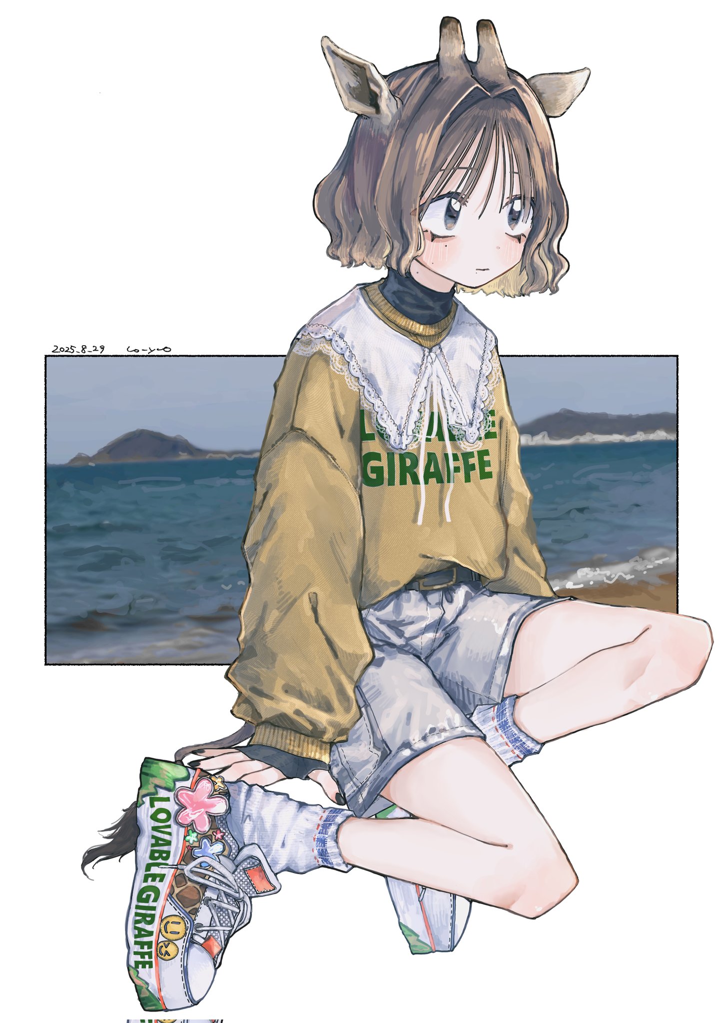 uo yuo, original, commentary, corrupted twitter file, highres, symbol-only commentary, 1girl, animal ears, beach, belt, black gloves, black nails, blue eyes, brown hair, closed mouth, clothes writing, dated, denim, denim shorts, fingerless gloves, giraffe ears, giraffe girl, giraffe horns, gloves, horns, long sleeves, mole, mole on neck, mole under eye, nail polish, shoes, shorts, sneakers, socks, solo, sweater, sweater tucked in, tail, turtleneck, water, white shoes, white socks, yellow sweater