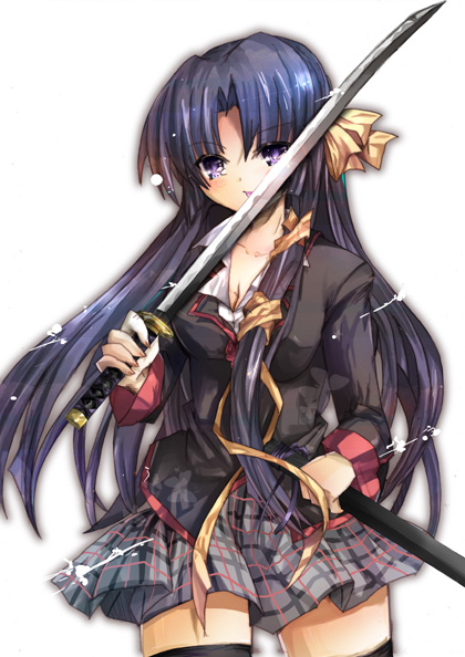 aquamarine, kurugaya yuiko, little busters!, black thighhighs, hair ribbon, long hair, ribbon, school uniform, serafuku, solo, sword, thighhighs, very long hair, weapon, zettai ryouiki