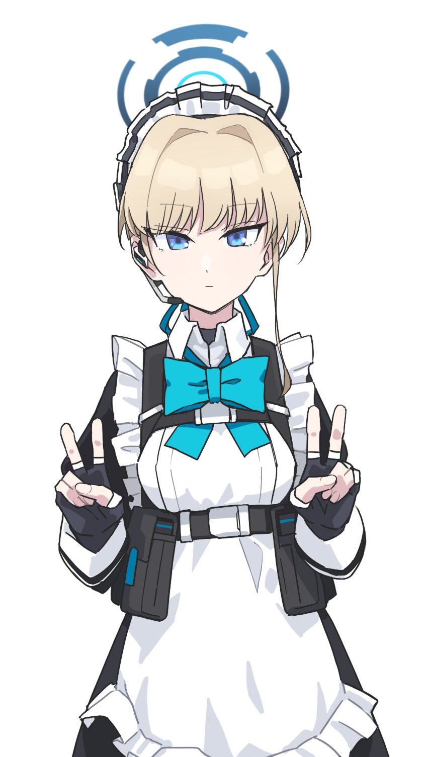vividnatadecoco, toki (blue archive), blue archive, commentary request, highres, 1girl, apron, black dress, black gloves, blonde hair, blue bow, blue eyes, blue ribbon, bow, closed mouth, double v, dress, fingerless gloves, frilled apron, frills, gloves, hair ribbon, headset, juliet sleeves, long sleeves, looking at viewer, maid, maid headdress, puffy sleeves, ribbon, short hair, simple background, solo, v, white apron, white background