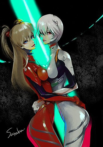kato sayaka, ayanami rei, souryuu asuka langley, neon genesis evangelion, silver hair, bad id, bad pixiv id, lowres, 2girls, breast press, breasts, brown hair, cowboy shot, dutch angle, female focus, from side, hug, interface headset (evangelion), lips, looking at viewer, mecha pilot suit, medium breasts, medium hair, multiple girls, plugsuit (evangelion), short hair, signature, standing, symmetrical docking, yuri