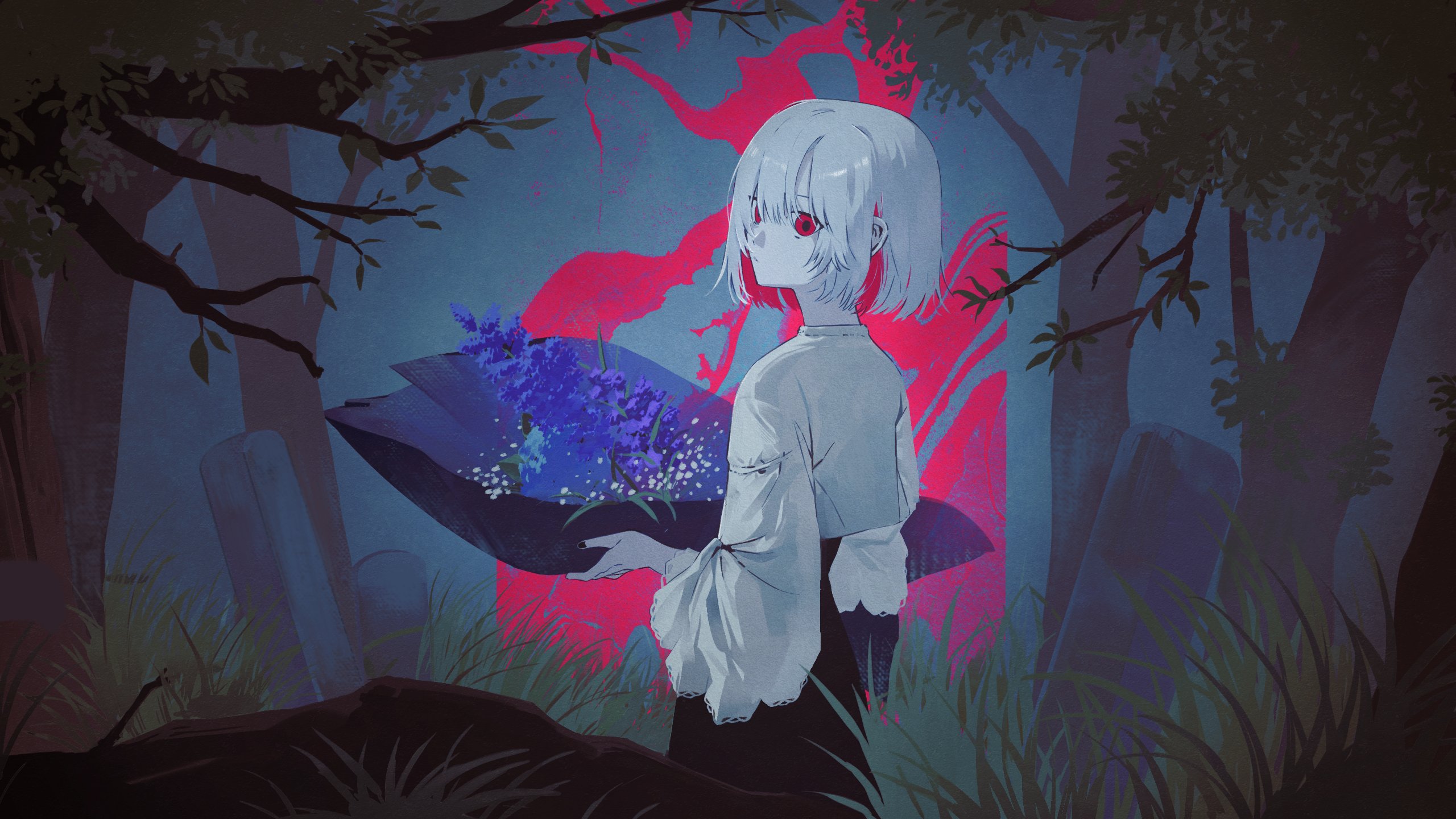 shin such, indie utaite, highres, 1girl, black skirt, blue flower, bouquet, dongdang, flower, forest, grass, grave, graveyard, hair between eyes, holding, holding bouquet, long sleeves, looking at viewer, looking back, nature, outdoors, parted lips, red eyes, shirt, short hair, skirt, solo, tombstone, tree, white hair, white shirt, wide sleeves