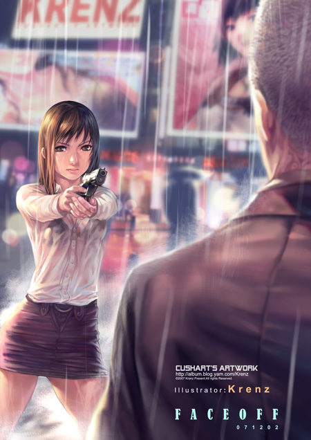 krenz, original, bra, brown eyes, brown hair, gun, handgun, lingerie, long hair, miniskirt, pistol, see-through clothes, skirt, tattoo, underwear, weapon, wet, wet clothes