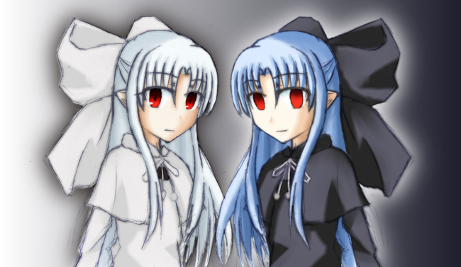 len (tsukihime), white len (tsukihime), melty blood, tsukihime, type-moon, 00s, 2girls, bad anatomy, blue hair, half updo, multiple girls, pointy ears, poorly drawn, red eyes, white hair