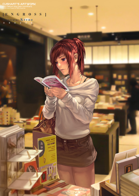 krenz, original, 1girl, book, female focus, lips, miniskirt, open book, pencil skirt, reading, red eyes, red hair, shop, skirt, solo, standing