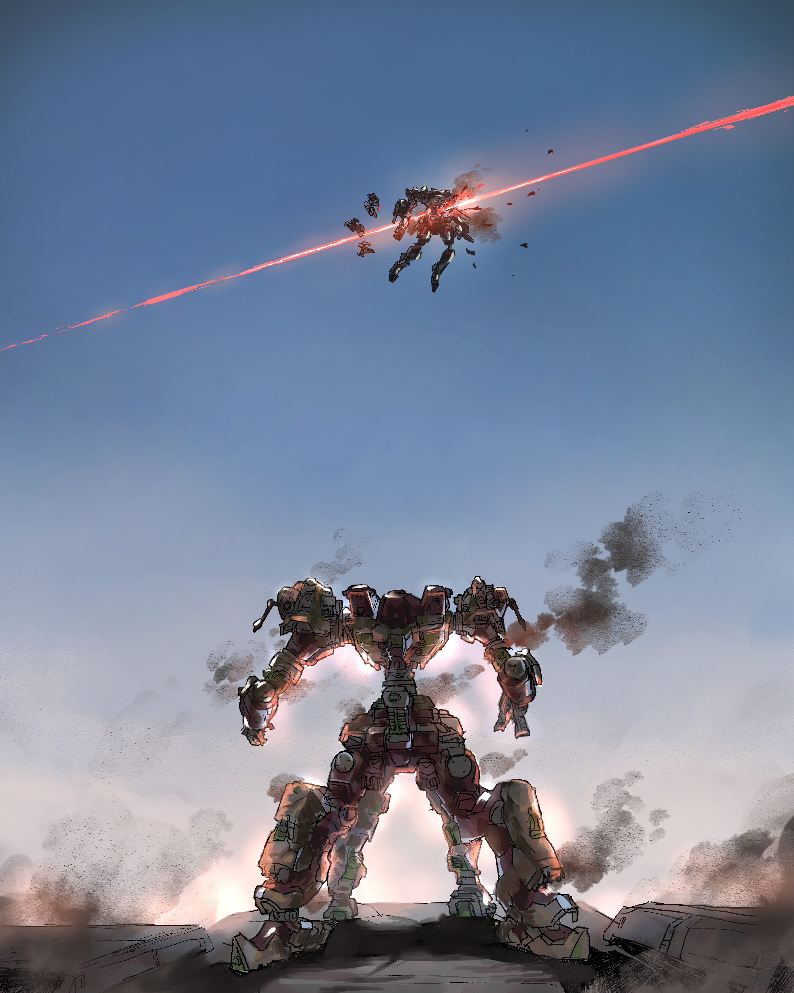 user ktyt2254, 621 (armored core vi), rusty, steel haze ortus, v.iv rusty, armored core, armored core vi: fires of rubicon, fromsoftware, rusty (pc-98), absurdres, highres, flying, machinery, mecha, mecha focus, mechanical arms, mechanical hands, mechanical legs, midair, robot, science fiction