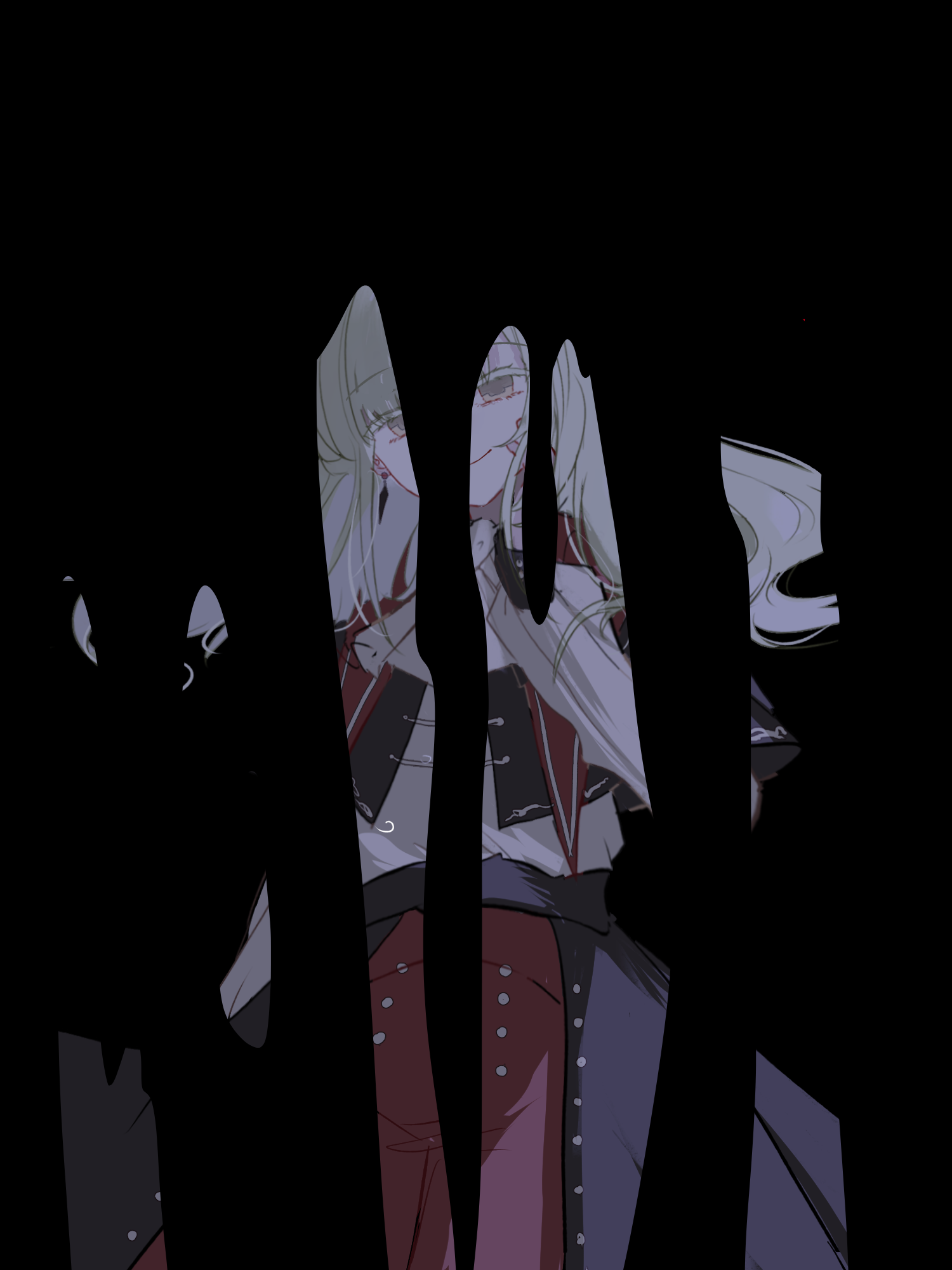 achadtea, mortis (bang dream!), mortis (costume) (bang dream!), mortis (persona) (bang dream!), wakaba mutsumi, bang dream!, bang dream! it's mygo!!!!!, chinese commentary, commentary request, highres, 1girl, ascot, black capelet, capelet, distortion, earrings, floating hair, green hair, hat, jewelry, long hair, parted lips, red hat, red shorts, see-through clothes, see-through sleeves, shirt, shorts, skirt, solo, tears, white ascot, white shirt, yellow eyes