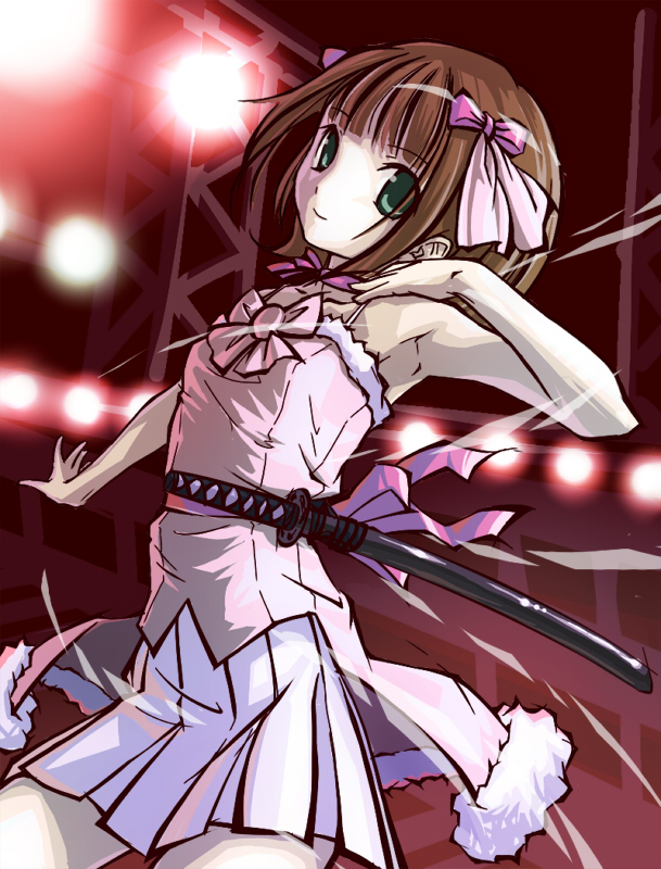haiiro (hi ghi ro), amami haruka, idolmaster, idolmaster (classic), idolmaster 1, 00s, armpits, cute & girly (idolmaster), solo, sword, weapon