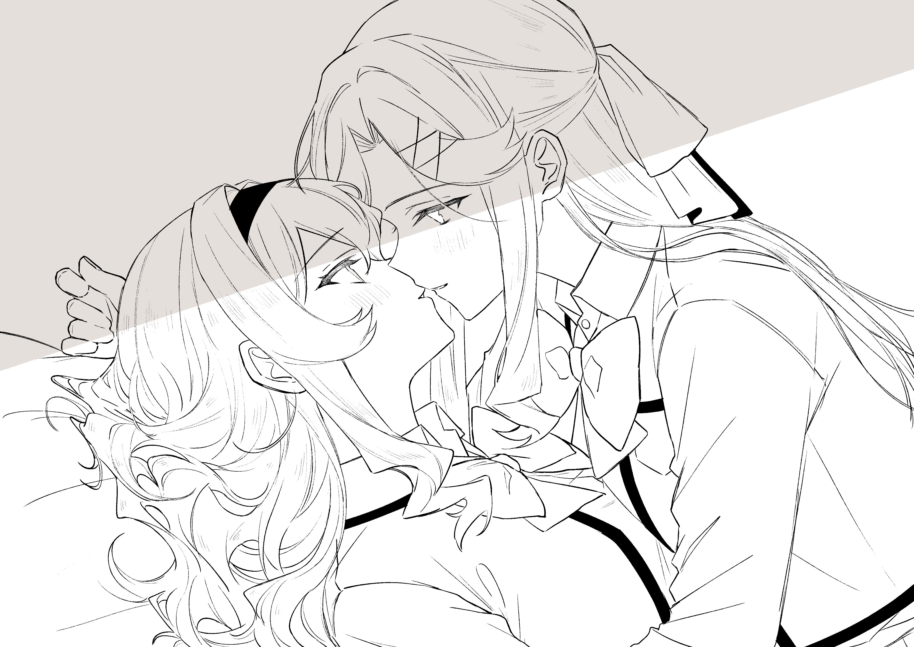 lilimaya, saijou claudine, tendou maya, shoujo kageki revue starlight, absurdres, highres, 2girls, blush, bow, collared shirt, eye contact, face-to-face, greyscale, hair between eyes, hair bow, hair intakes, hair ornament, hairband, imminent kiss, jacket, long hair, long sleeves, looking at another, lying, monochrome, multiple girls, on back, parted bangs, parted lips, seishou music academy uniform, shirt, sidelocks, simple background, smile, wavy hair, white background, x hair ornament, yuri