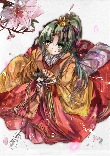 aquamarine, maebara keiichi, sonozaki mion, sonozaki shion, higurashi no naku koro ni, 00s, bow, cherry blossoms, doll, green eyes, green hair, hair bow, hair ornament, japanese clothes, kimono, kneeling, long hair, ponytail