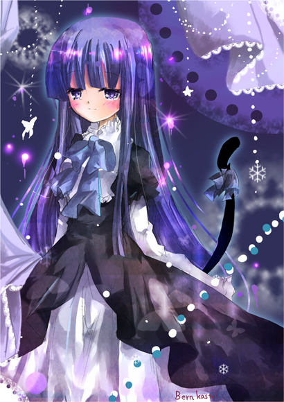 aquamarine, frederica bernkastel, umineko no naku koro ni, 00s, blue hair, blush, cat tail, gothic lolita, lolita fashion, long hair, ribbon, solo, tail