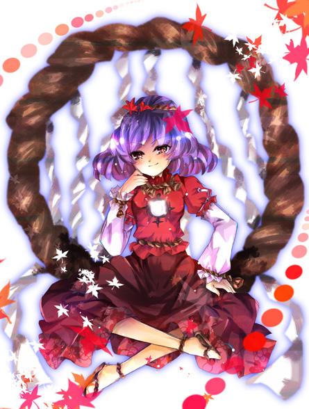 aquamarine, yasaka kanako, touhou, 1girl, female focus, hair ornament, leaf hair ornament, rope, shimenawa, solo