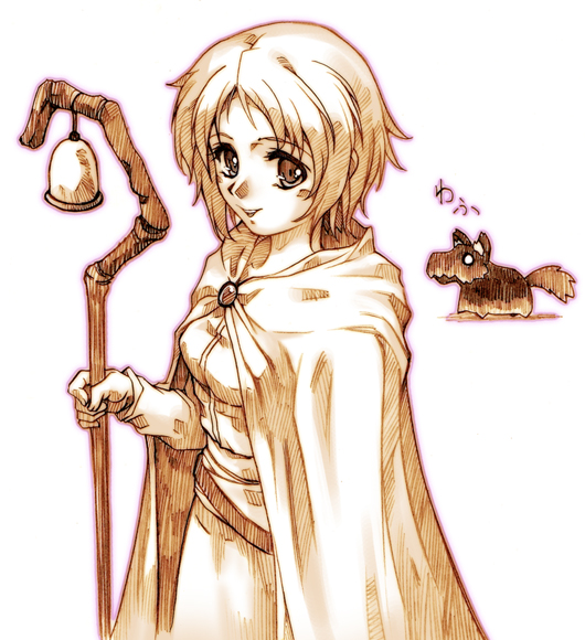 hisahiko, nora arento, spice and wolf, 00s, 1girl, bell, cape, female focus, monochrome, orange theme, shepherd, shepherd's crook, short hair, solo, staff