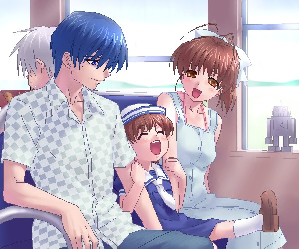 zen, furukawa nagisa, kunisaki yukito, okazaki tomoya, okazaki ushio, air (visual novel), clannad, 00s, 2boys, 2girls, :d, ^ ^, antenna hair, bento, blue eyes, blue hair, bow, brown eyes, brown hair, closed eyes, dress, eating, family, hair bow, happy, hat, multiple boys, multiple girls, open mouth, sailor dress, school uniform, serafuku, shirt, sitting, smile, train, train interior, white dress