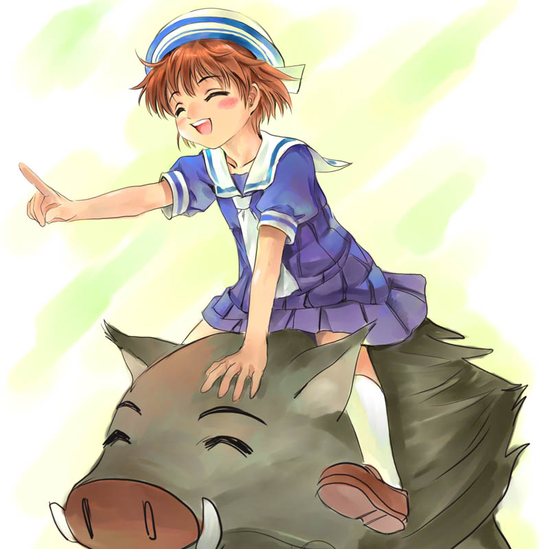 botan (clannad), okazaki ushio, clannad, 00s, 1girl, :d, ^ ^, animal, beret, blue dress, boar, brown hair, closed eyes, dress, fangs, female focus, hat, open mouth, pleated dress, pointing, pointing forward, puffy short sleeves, puffy sleeves, riding, school uniform, serafuku, short hair, short sleeves, smile, solo, teeth