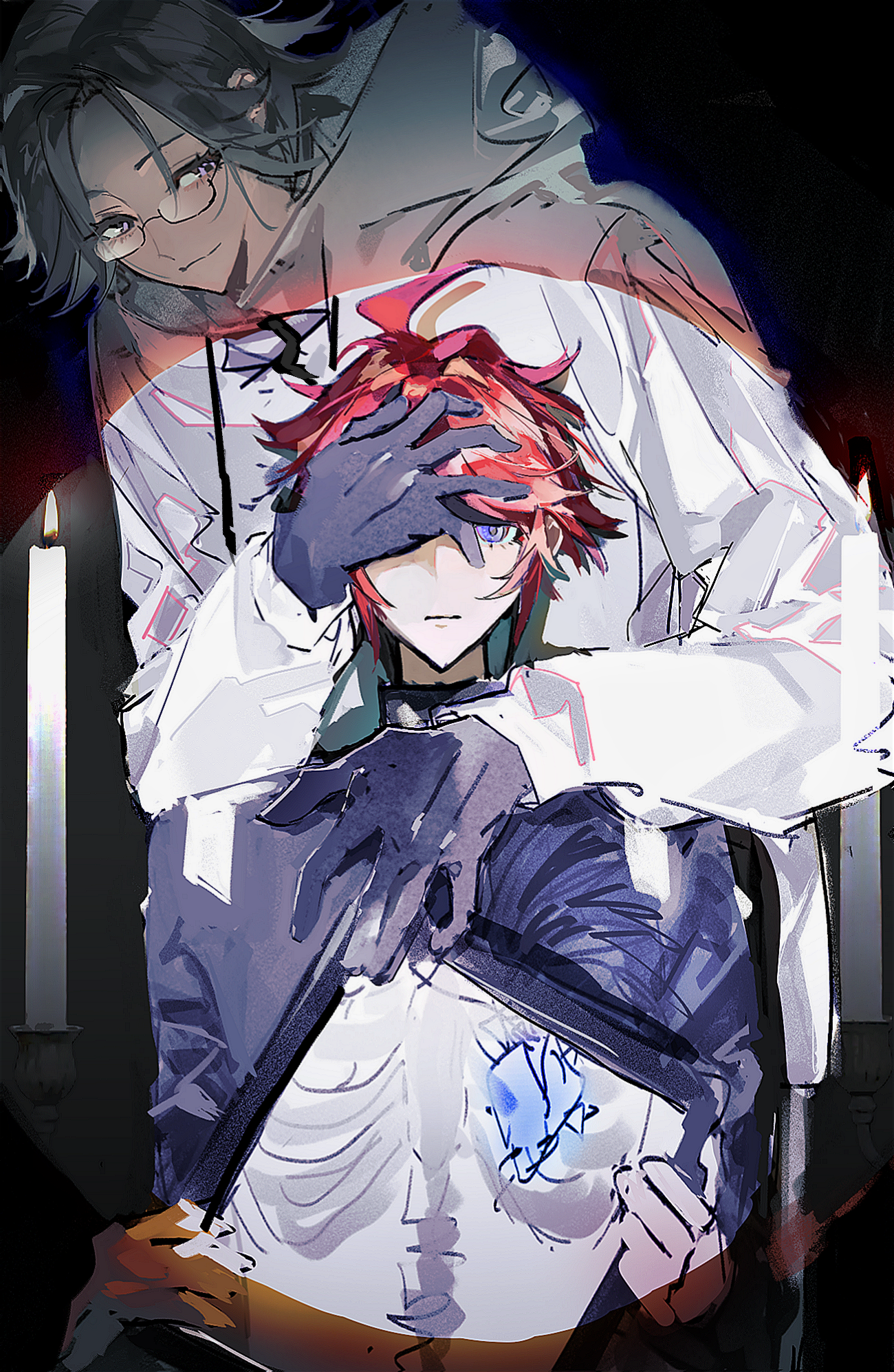 aotsuki eito, sumino takumi, the hundred line -last defense academy-, chinese commentary, commentary request, highres, 2boys, ahoge, black gloves, black jacket, black streaks, blue eyes, candle, clothes lift, exposed bone, gakuran, glasses, gloves, grey hair, hand on another's face, horizontal spotlight, jacket, last defense academy school uniform, lifting another's clothes, looking at viewer, male focus, multicolored hair, multiple boys, one eye covered, purple eyes, red hair, school uniform, short hair, streaked hair, white gloves, white jacket, xinjinjumin2448536