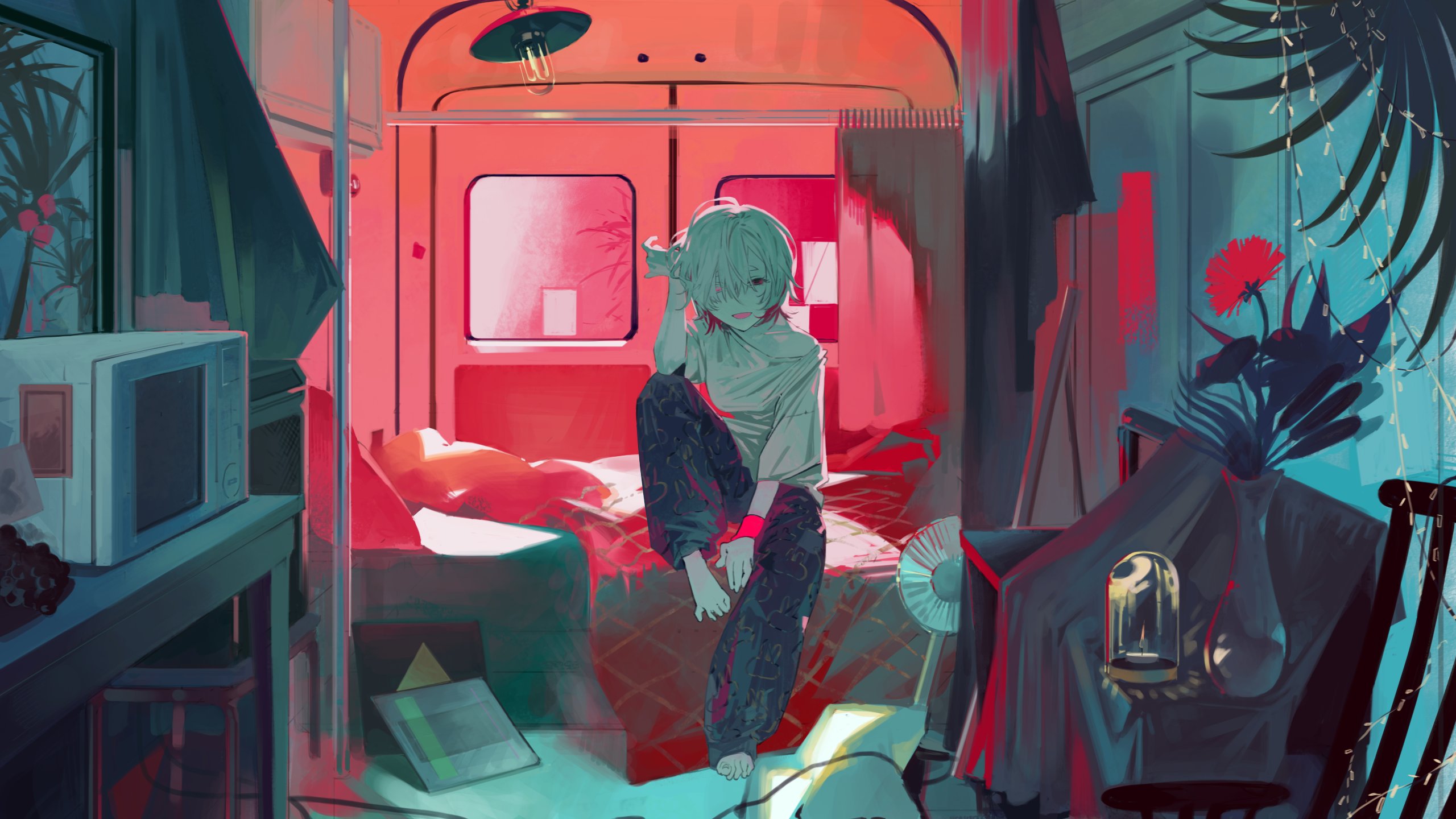 shin such, indie utaite, highres, 1girl, blood, couch, crt, curtains, dongdang, indoors, knee up, looking at viewer, male focus, pants, plant, potted plant, red eyes, red theme, shirt, short hair, sitting, solo, television, white hair, white shirt