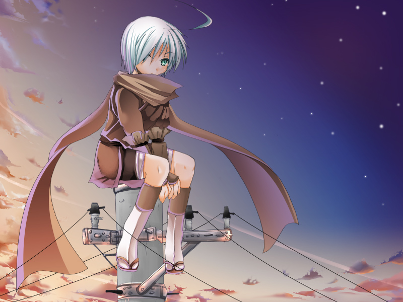 sakayaki (burning soul), original, bad id, bad pixiv id, 1girl, ahoge, androgynous, armor, cloud, expressionless, female focus, green eyes, hair over one eye, japanese armor, kneehighs, kote, ninja, power lines, sandals, scarf, short hair, sitting, sky, socks, solo, star (sky), starry sky, tabi, twilight, utility pole, v arms, white hair