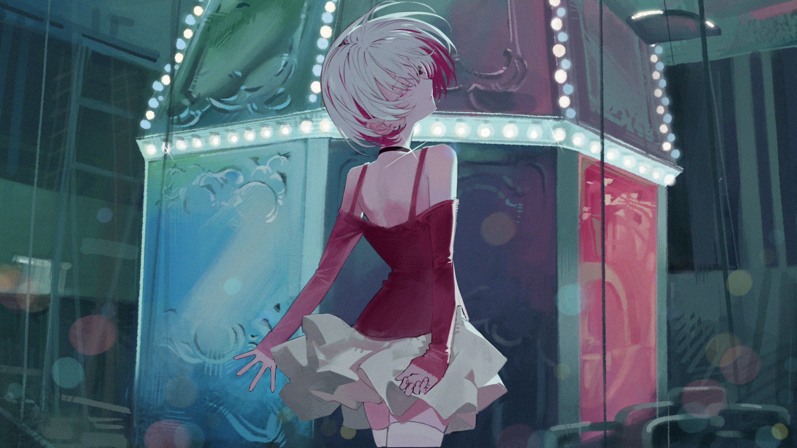 shin such, indie utaite, highres, 1girl, bare shoulders, choker, closed eyes, cowboy shot, dongdang, from behind, long sleeves, multicolored hair, red hair, short hair, skirt, sleeves past wrists, solo, standing, thighhighs, two-tone hair, white hair, white skirt, white thighhighs