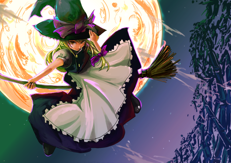 luft (luft dokka), kirisame marisa, touhou, 1girl, apron, black dress, blonde hair, broom, broom riding, brown eyes, closed mouth, dress, female focus, full body, full moon, hat, looking at viewer, moon, night, outdoors, puffy short sleeves, puffy sleeves, short sleeves, smirk, solo, waist apron, witch hat