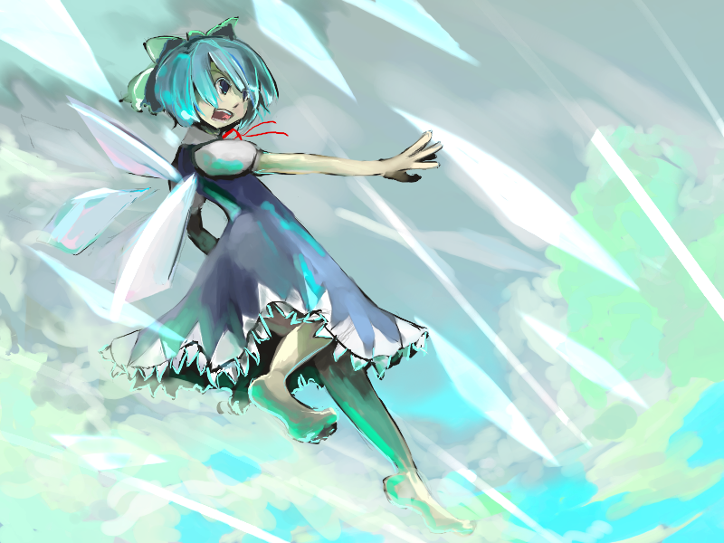 luft (luft dokka), cirno, shoot the bullet, touhou, 1girl, barefoot, dress, feet, female focus, full body, solo