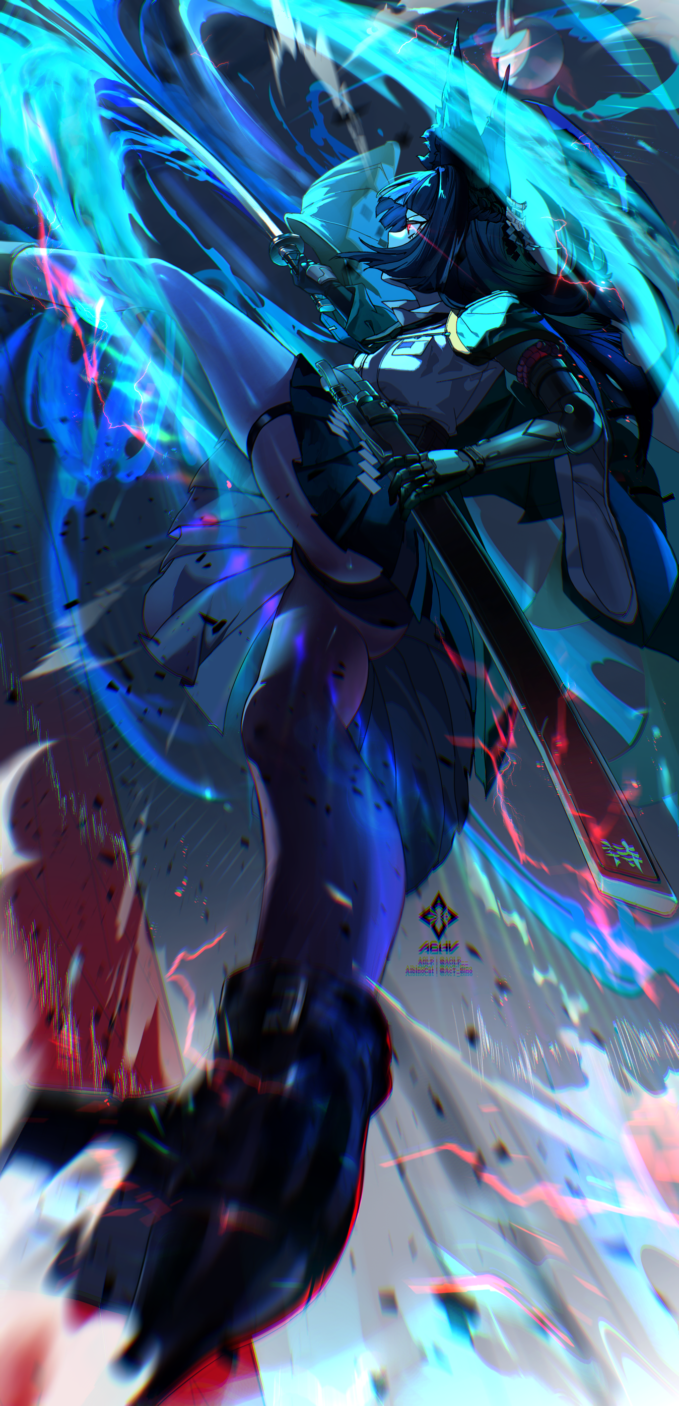 a0lp, hoshimi miyabi, zenless zone zero, absurdres, highres, 1girl, animal ear fluff, animal ears, black boots, black gloves, black necktie, black pantyhose, black skirt, blue jacket, blunt ends, boots, fox ears, fox girl, gloves, glowing, glowing eye, high heel boots, high heels, holding, holding sword, holding weapon, jacket, mechanical arms, necktie, pantyhose, red eyes, shirt, short hair, single mechanical arm, skirt, solo, sword, weapon, white shirt