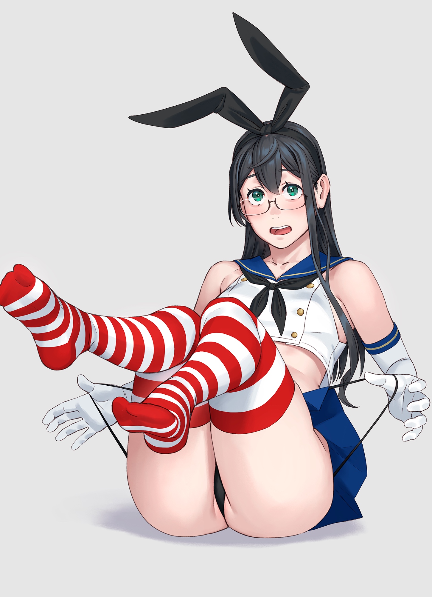 yuuji (and), ooyodo (kancolle), kantai collection, highres, 1girl, bare shoulders, black hair, black neckerchief, black panties, blue sailor collar, blue skirt, blush, breasts, crop top, elbow gloves, feet, glasses, gloves, green eyes, grey background, hair between eyes, hairband, legs, long hair, looking at viewer, miniskirt, navel, neckerchief, no shoes, open mouth, panties, pleated skirt, sailor collar, school uniform, semi-rimless eyewear, serafuku, simple background, sitting, skirt, soles, solo, string panties, thighhighs, toes, under-rim eyewear, underwear, white gloves