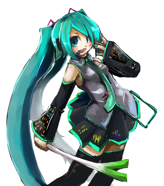 luft (luft dokka), hatsune miku, vocaloid, 1girl, :3, aqua hair, aqua necktie, black thighhighs, boots, detached sleeves, female focus, green nails, long hair, nail polish, necktie, open mouth, simple background, skirt, solo, spring onion, thighhighs, twintails, very long hair