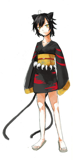 luft (luft dokka), original, animal ears, black hair, cat ears, japanese clothes, solo, yellow eyes