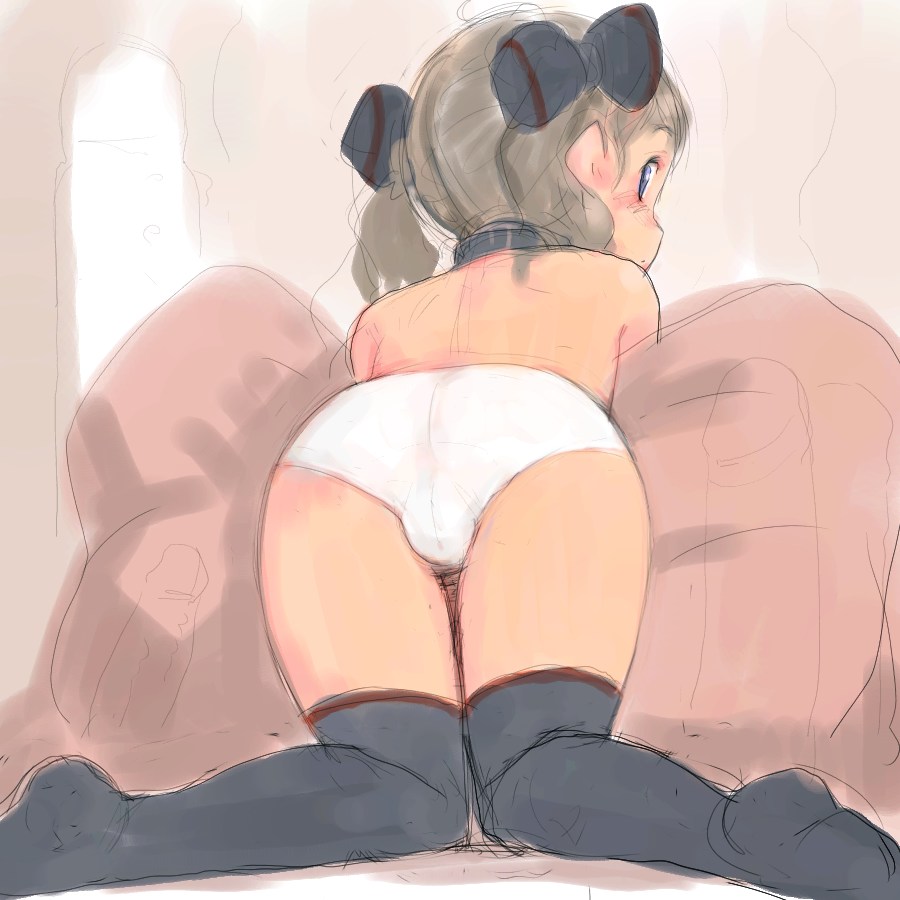 np (slipbounds), original, 1girl, ass, bent over, blush, collar, feet, female focus, loli, panties, short twintails, sketch, socks, solo, thighhighs, topless female, twintails, underwear