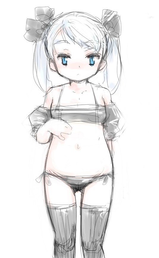 np (slipbounds), original, 1girl, bikini, female focus, loli, lowleg, lowleg bikini, short twintails, side-tie bikini bottom, sketch, solo, swimsuit, thighhighs, twintails