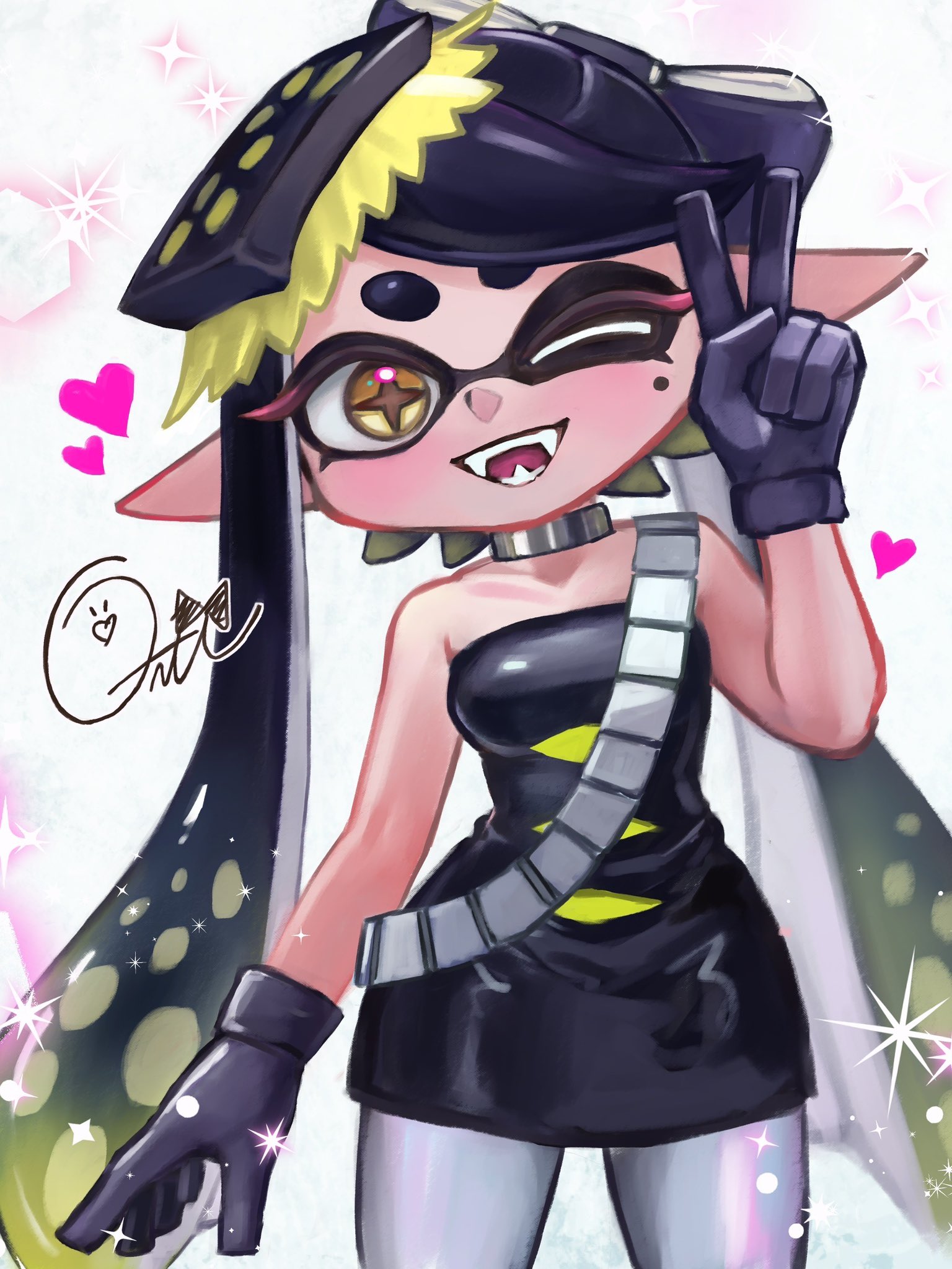 oekakirisuke, callie (alterna) (splatoon), callie (splatoon), nintendo, splatoon (series), splatoon 3, + +, 1girl, bare shoulders, blush, breasts, dress, fangs, gloves, heart, looking at viewer, one eye closed, sleeveless, twintails, v, wink, yellow eyes