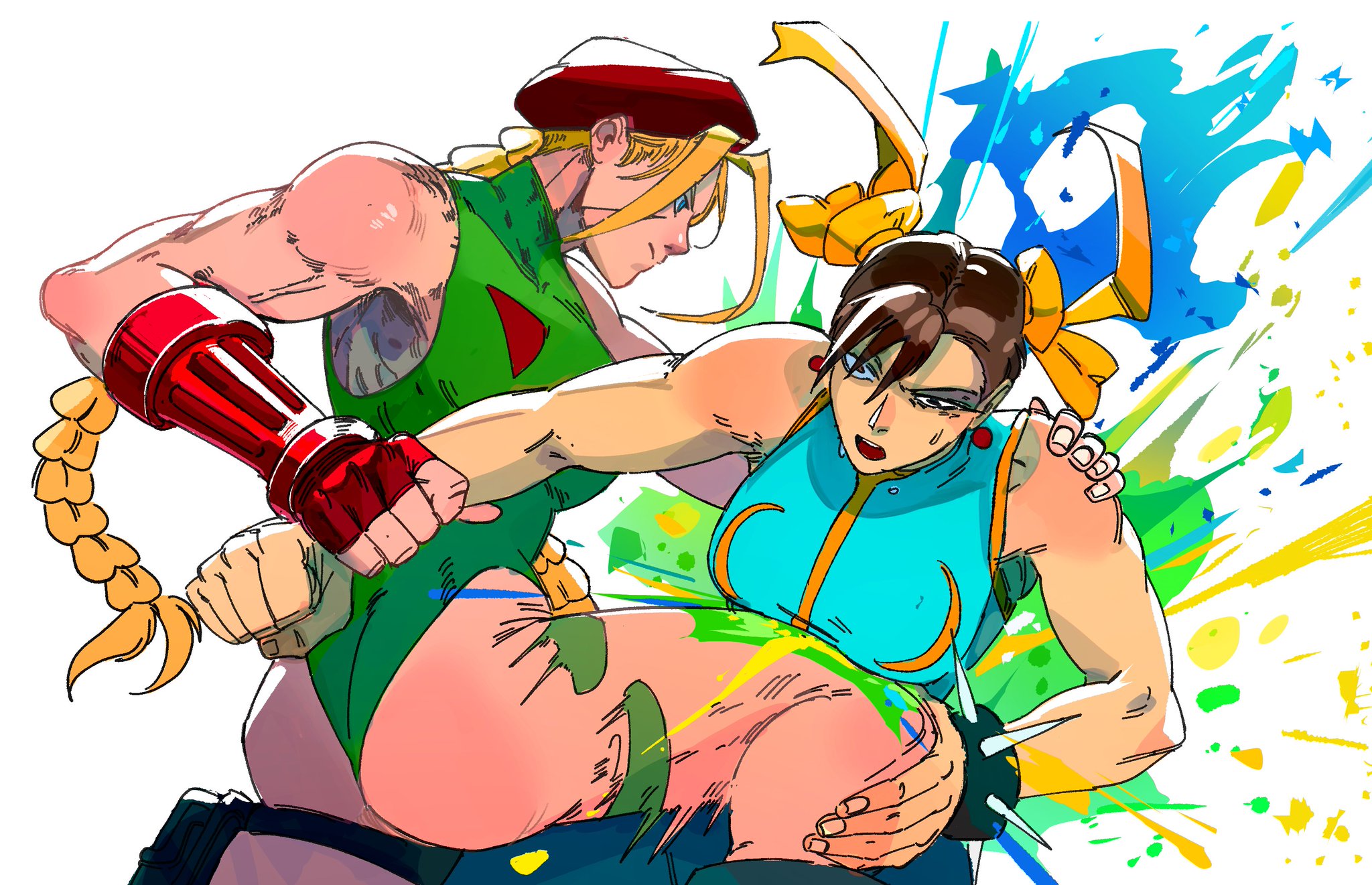 mavros, cammy white, chun-li, capcom, street fighter, street fighter zero (series), 2girls, ass, bare shoulders, blonde hair, bracelet, breasts, brown hair, earrings, fighting, jewelry, large breasts, leotard, long hair, multiple girls, sitting, sleeveless, spiked bracelet, spikes, thong leotard